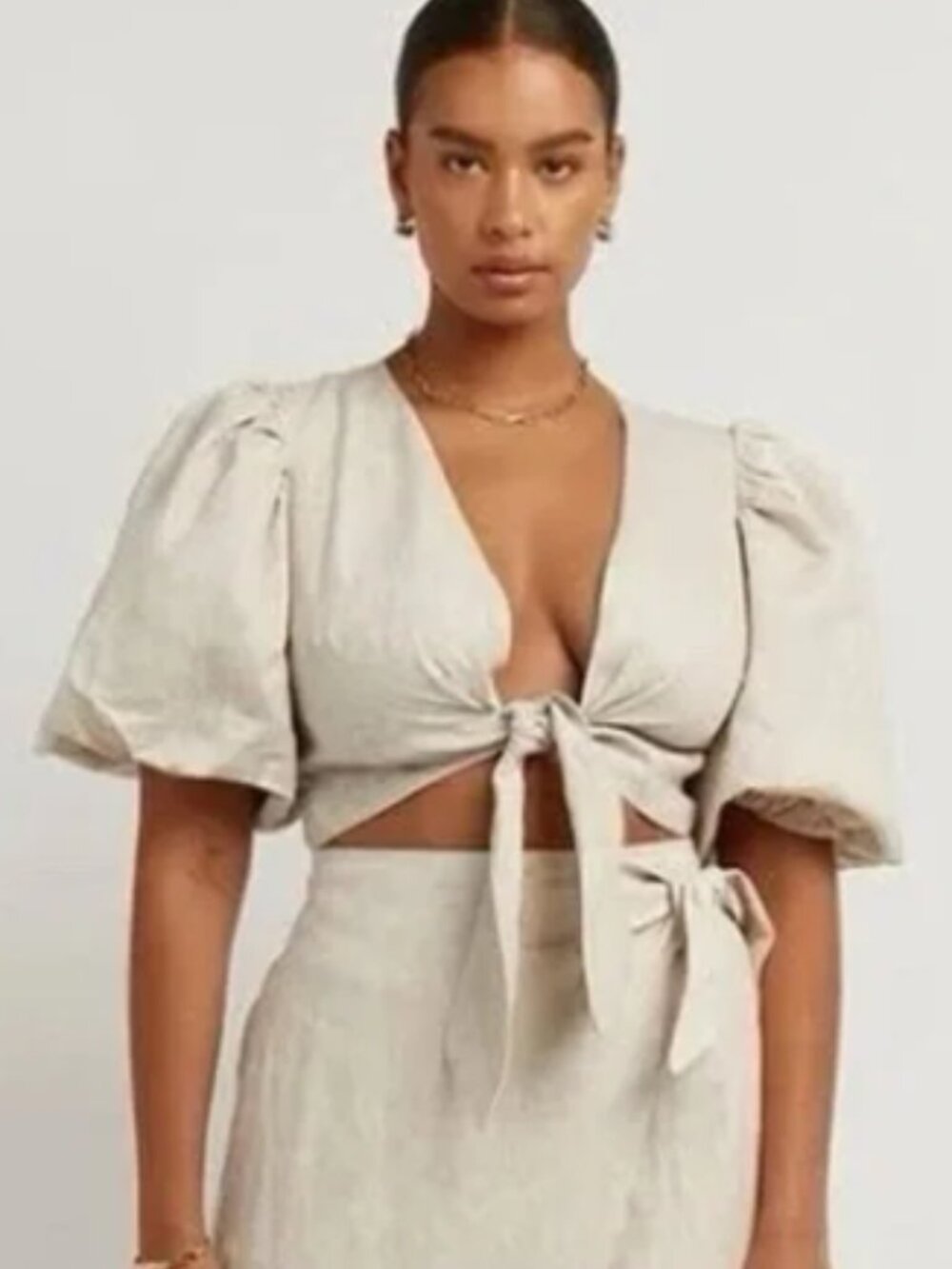 NWT DISSH Hallie Natural Linen Tie Front Top Size 10 US Puff Sleeve Cropped